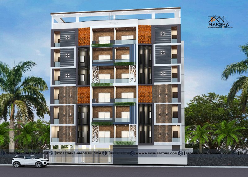 Modern G+4 Apartment 3D Elevation Design in India | Naksha Store
